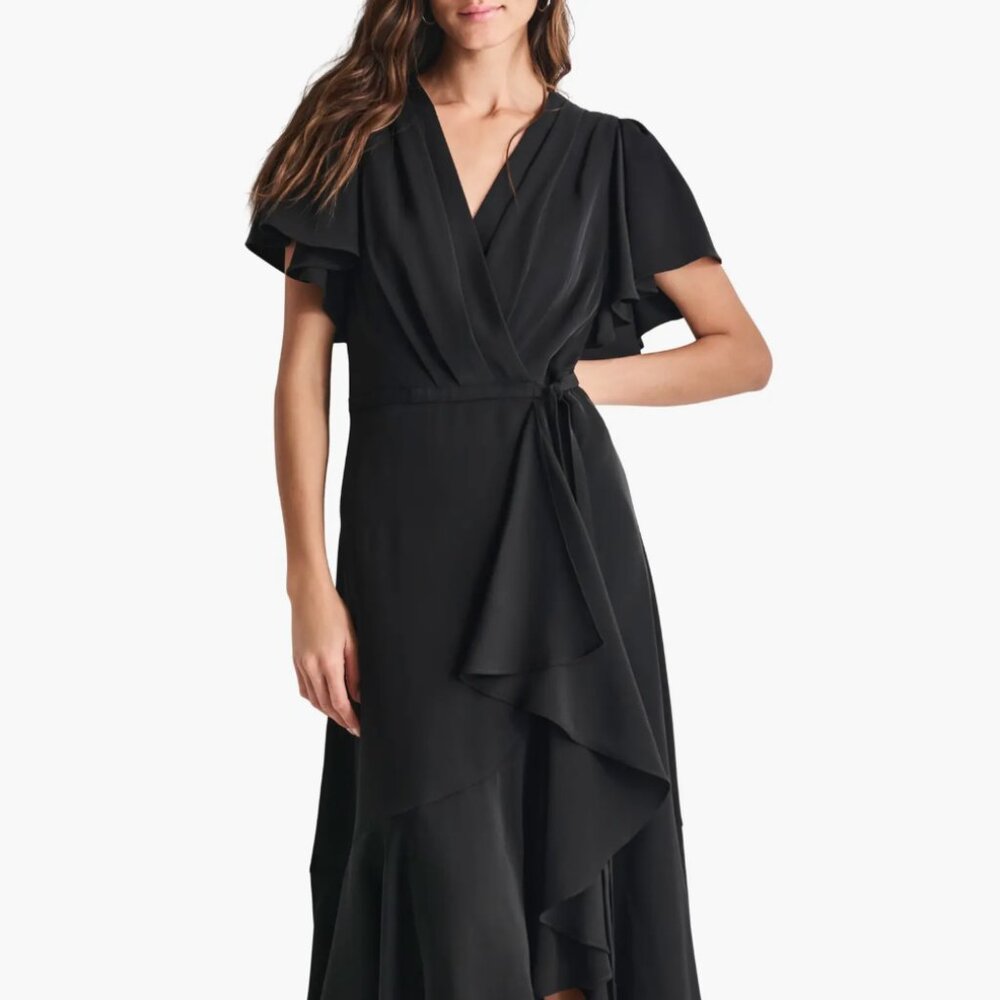 DKNY Flutter Sleeve Wrap Front Midi Dress